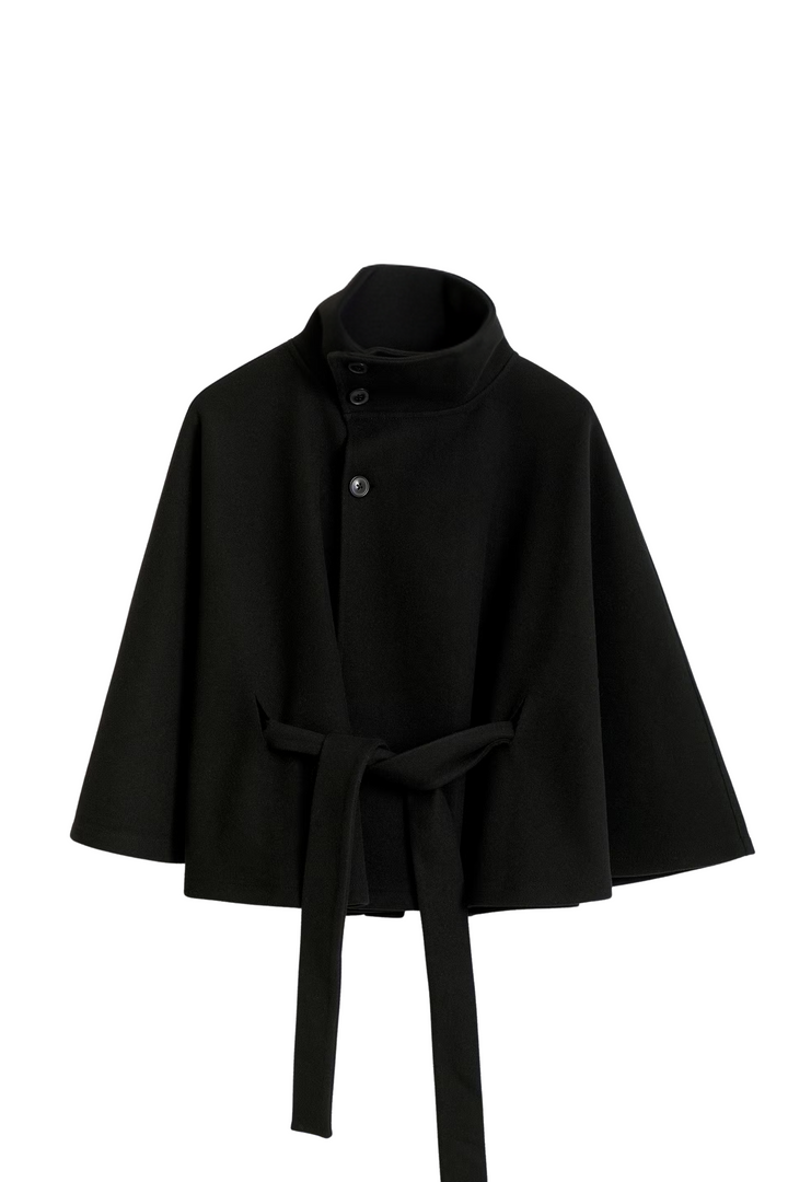 Esmerelle -  Loose-fitting autumn jacket with batwing sleeves and belt, elegant stand collar