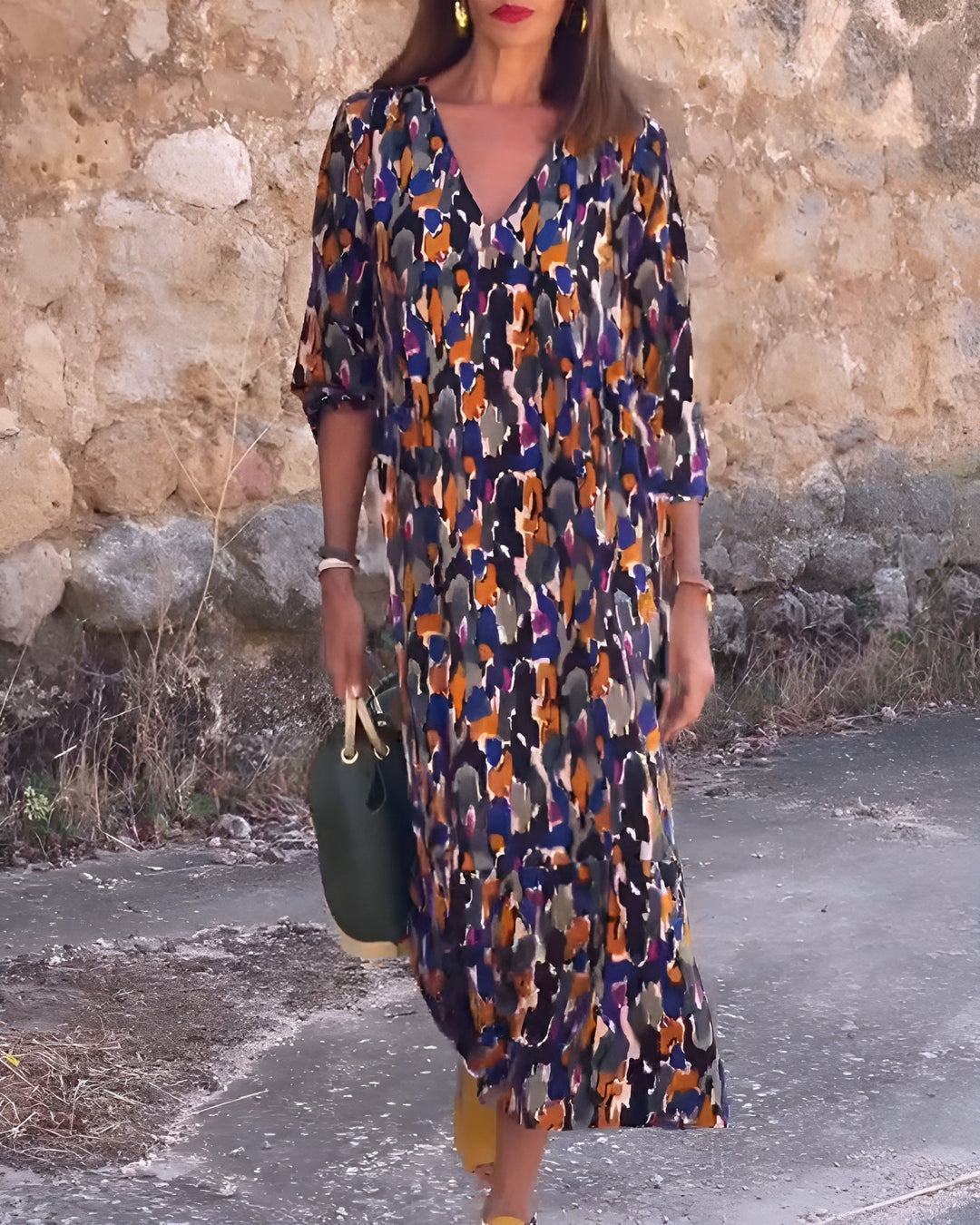 Elyssah - Retro Print V-Neck Dress