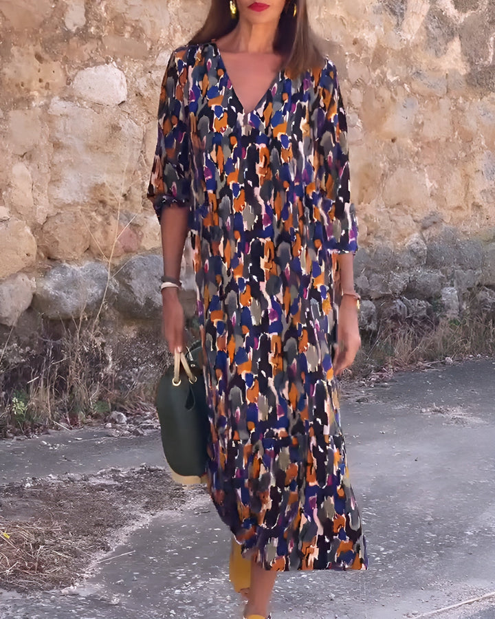 Elyssah - Retro Print V-Neck Dress