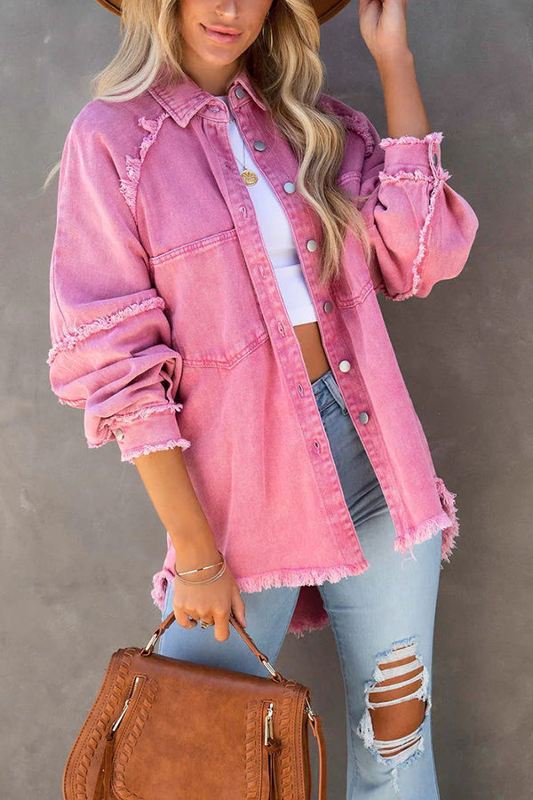 Thea - Women's Denim Jacket Oversized with Fringes Trendy Casual Look for Every Season