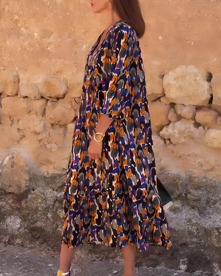 Elyssah - Retro Print V-Neck Dress