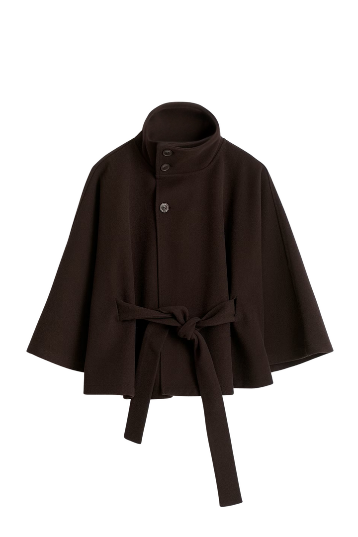 Esmerelle -  Loose-fitting autumn jacket with batwing sleeves and belt, elegant stand collar