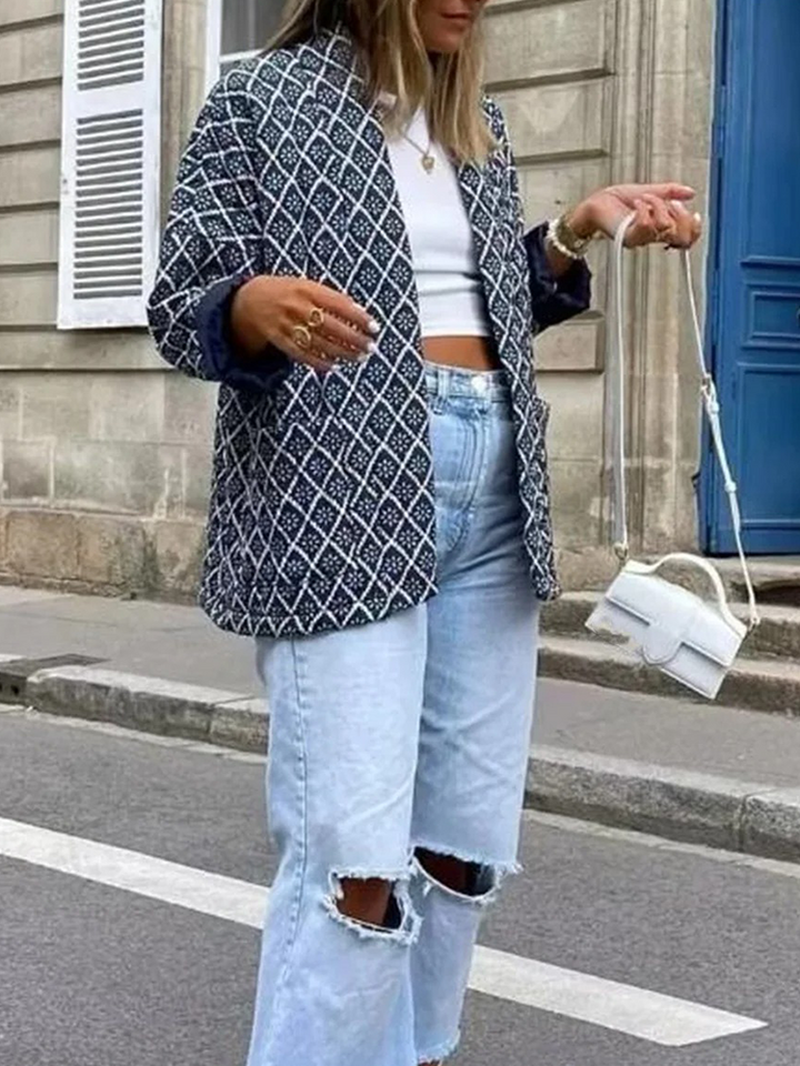 Tessy - Women's Quilted Jacket  Lightly Padded Mid Calf Jacket with Elegant Geometric Print