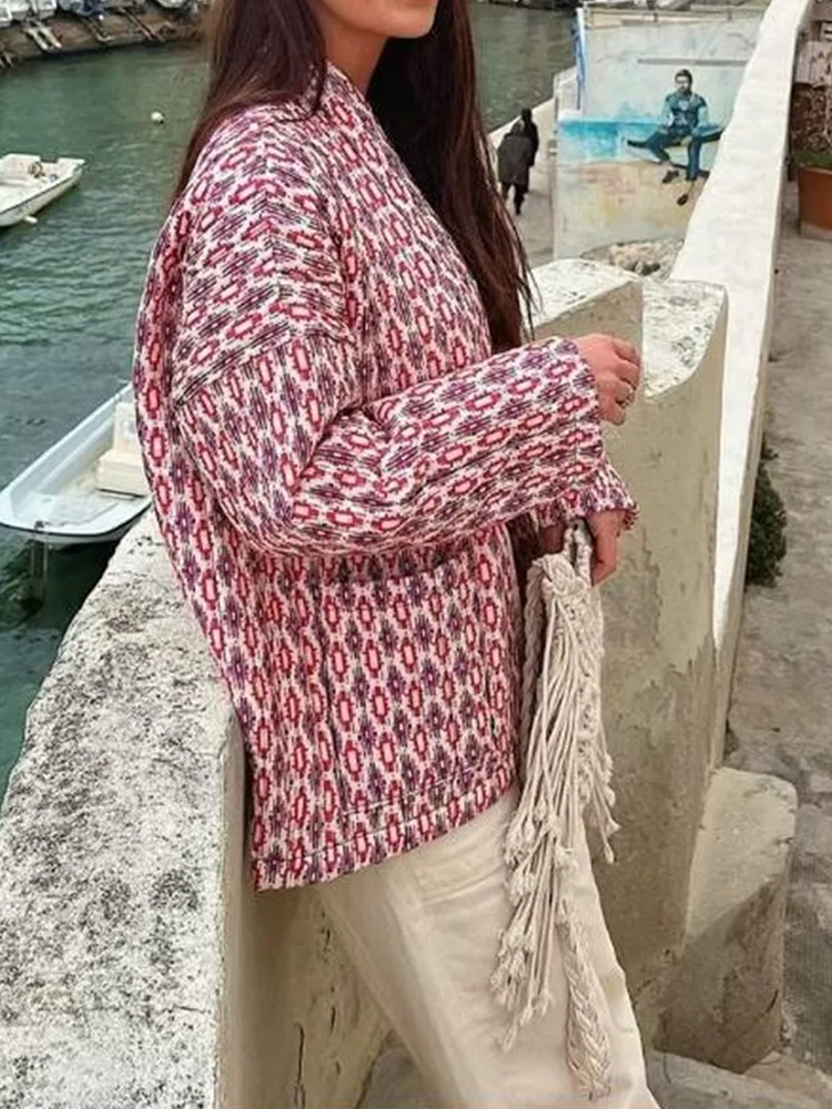 Tessy - Women's Quilted Jacket  Lightly Padded Mid Calf Jacket with Elegant Geometric Print