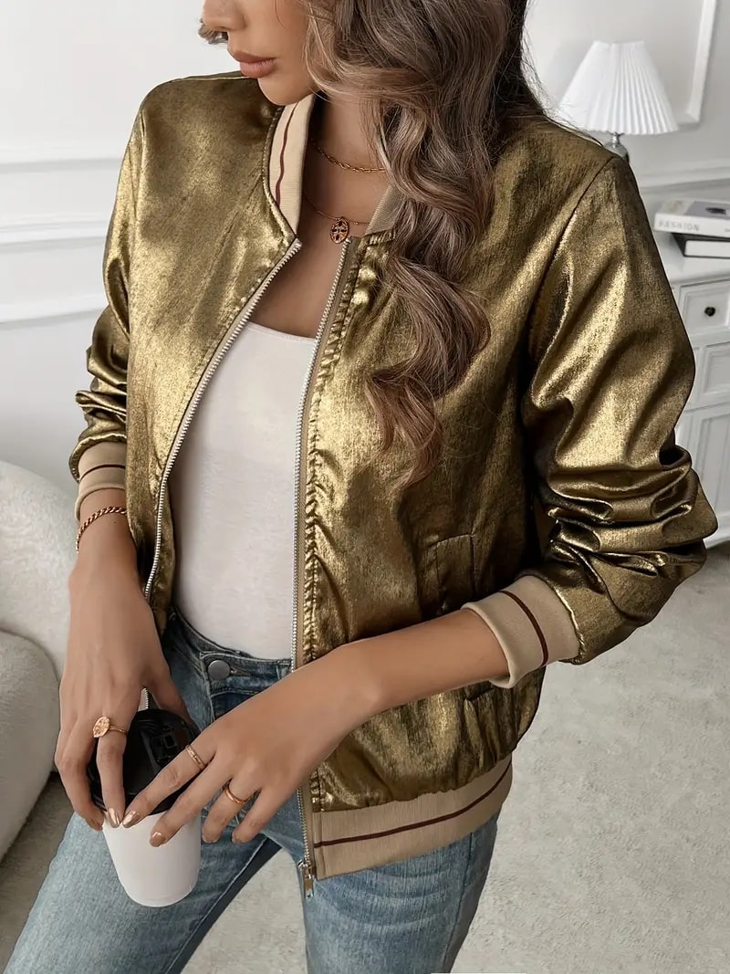 Dalinda -  Gold bomber jacket with a glossy finish and relaxed fit
