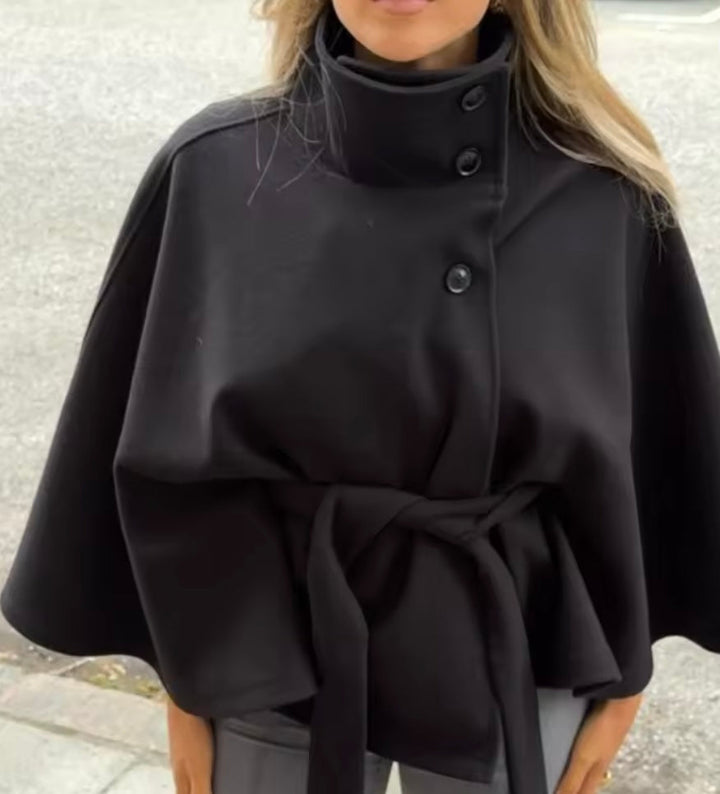 Esmerelle -  Loose-fitting autumn jacket with batwing sleeves and belt, elegant stand collar