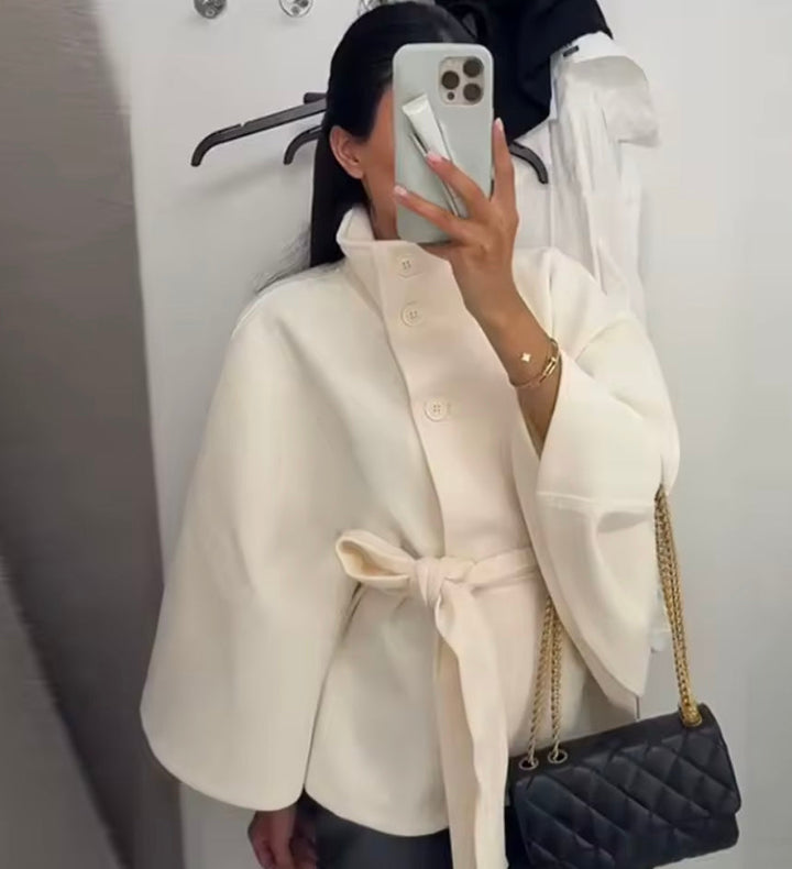 Esmerelle -  Loose-fitting autumn jacket with batwing sleeves and belt, elegant stand collar