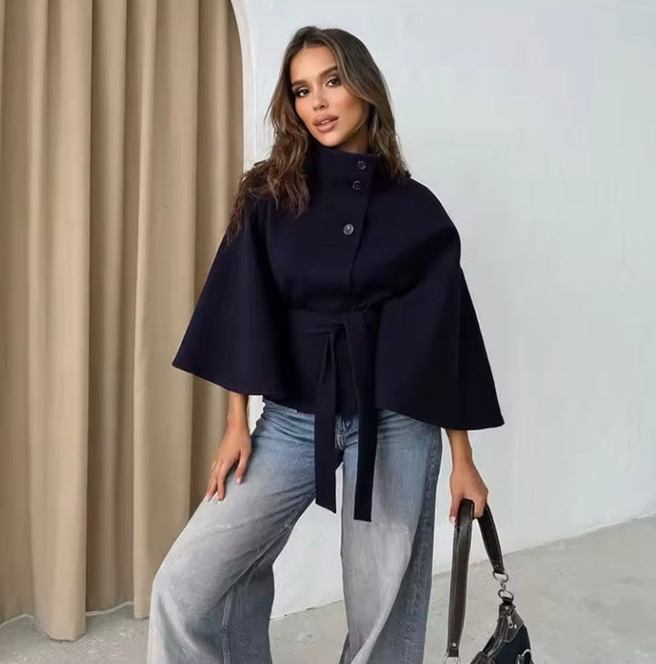 Esmerelle -  Loose-fitting autumn jacket with batwing sleeves and belt, elegant stand collar