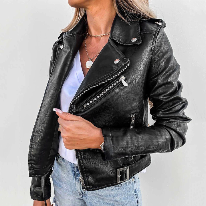 Amelina - Slim leather jacket with asymmetric zipper and metal details