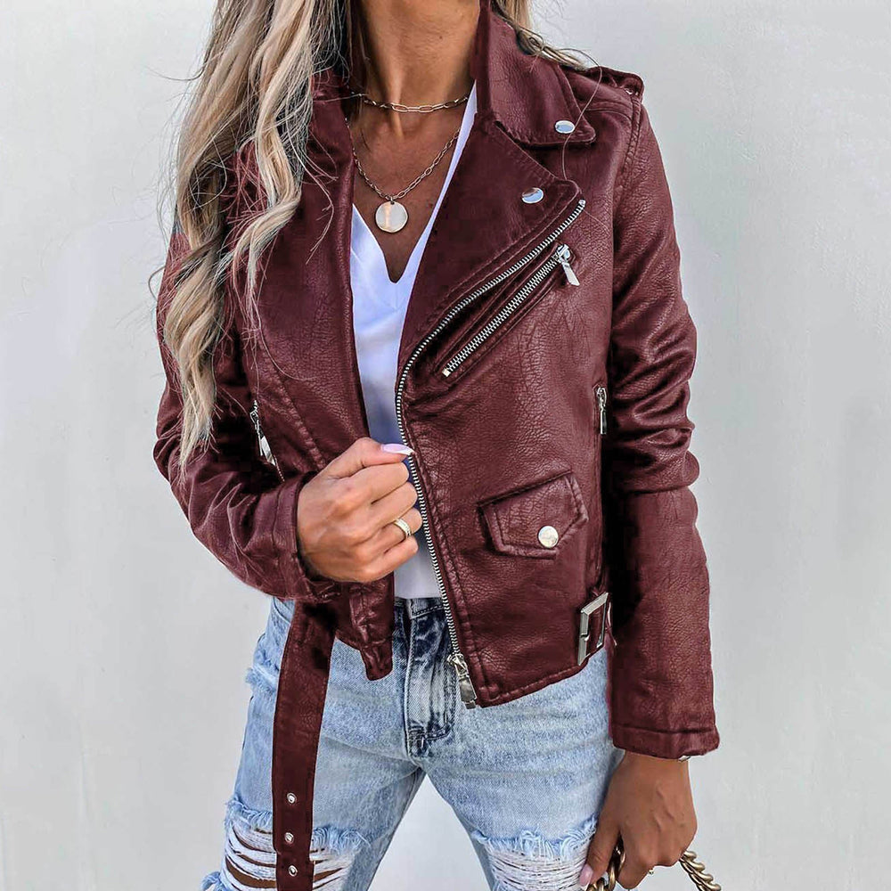 Amelina - Slim leather jacket with asymmetric zipper and metal details