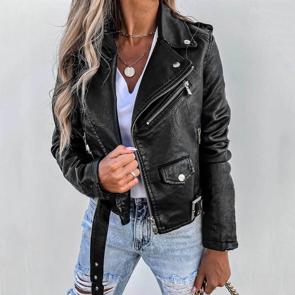 Amelina - Slim leather jacket with asymmetric zipper and metal details