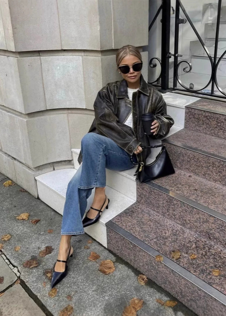 Novalie - Vintage women's jacket made of PU leather with a washed look and relaxed fit