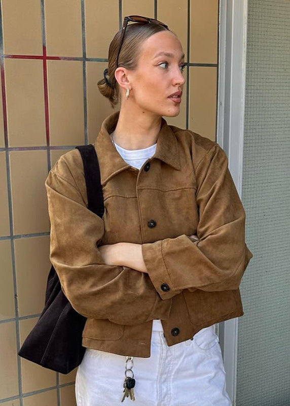 Aeliana - Women's jacket in beige suede look with button details and relaxed fit