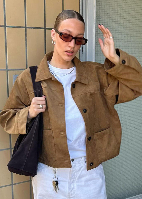 Aeliana - Women's jacket in beige suede look with button details and relaxed fit