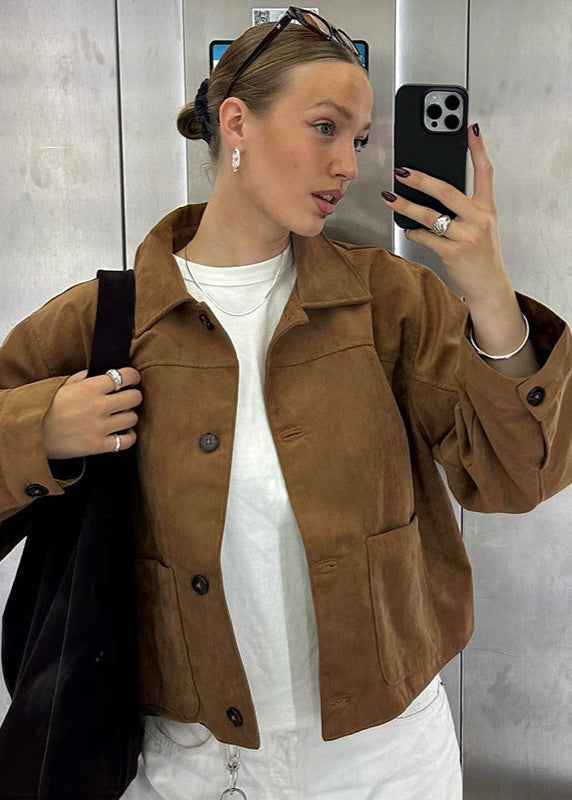 Aeliana - Women's jacket in beige suede look with button details and relaxed fit