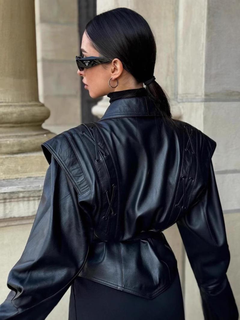 Sylvie - Women's blazer in black faux leather with tie belt and shoulder details