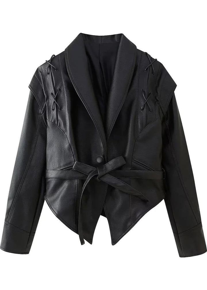 Sylvie - Women's blazer in black faux leather with tie belt and shoulder details