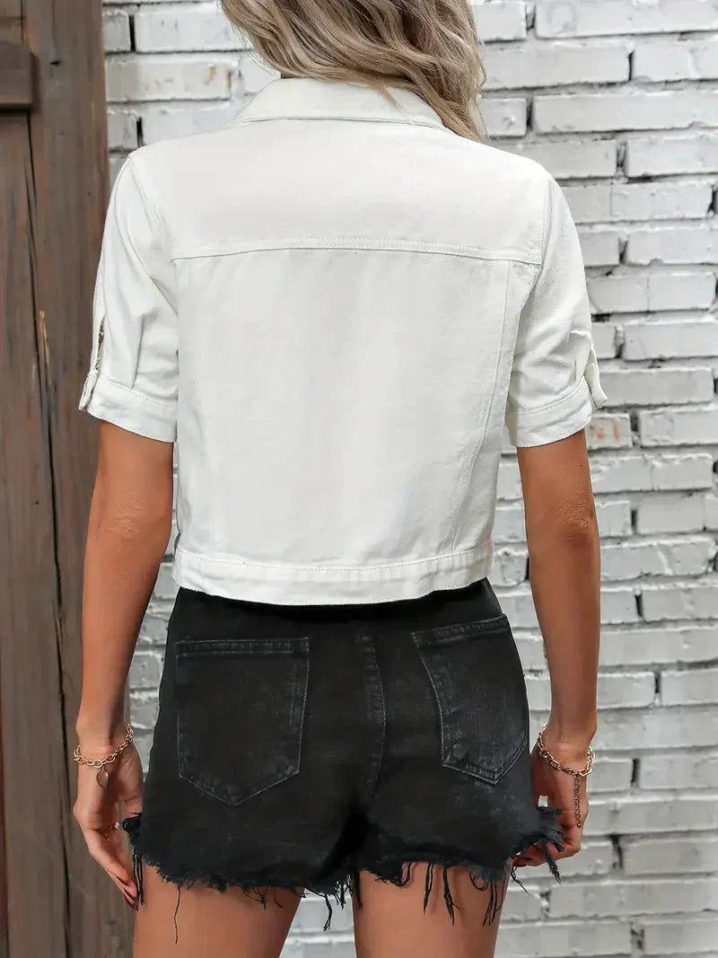Cliona -  Women's Denim Jacket  Short Sleeve Jacket with Relaxed Fit and Classic Collar