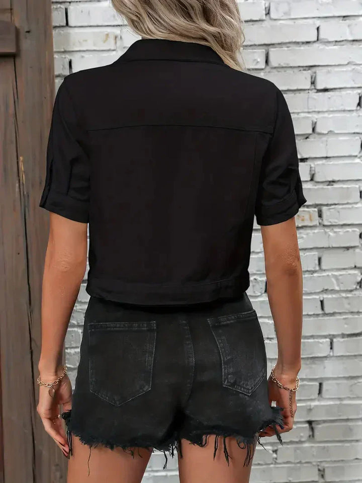 Cliona -  Women's Denim Jacket  Short Sleeve Jacket with Relaxed Fit and Classic Collar