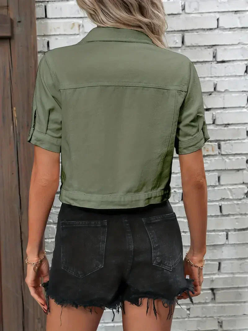 Cliona -  Women's Denim Jacket  Short Sleeve Jacket with Relaxed Fit and Classic Collar