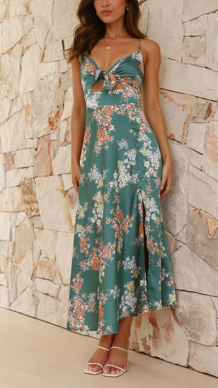 Janelle - Satin Floral Split Midi Dress