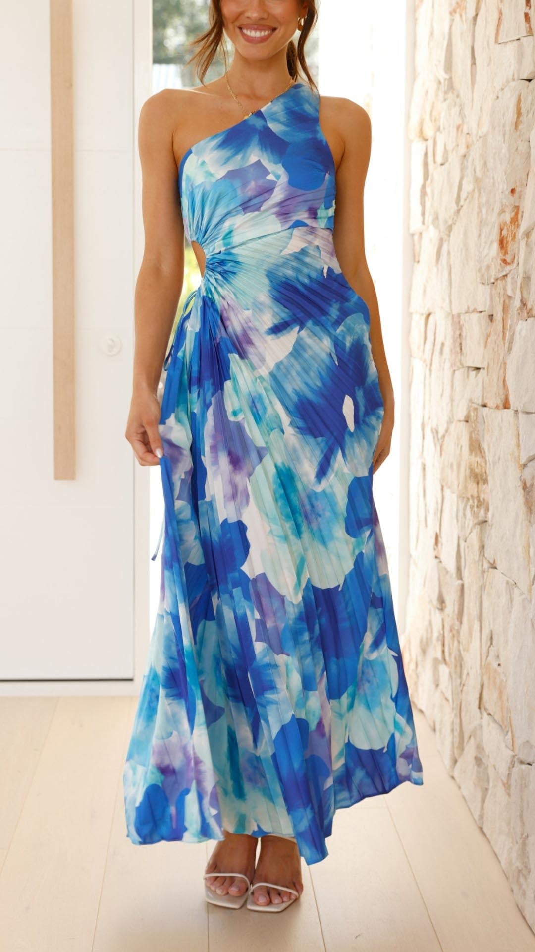 Jorja - Floral Pleated One Shoulder Maxi Dress