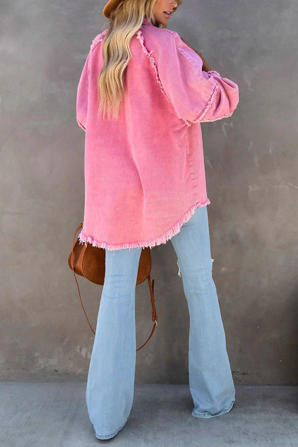 Thea - Women's Denim Jacket Oversized with Fringes Trendy Casual Look for Every Season