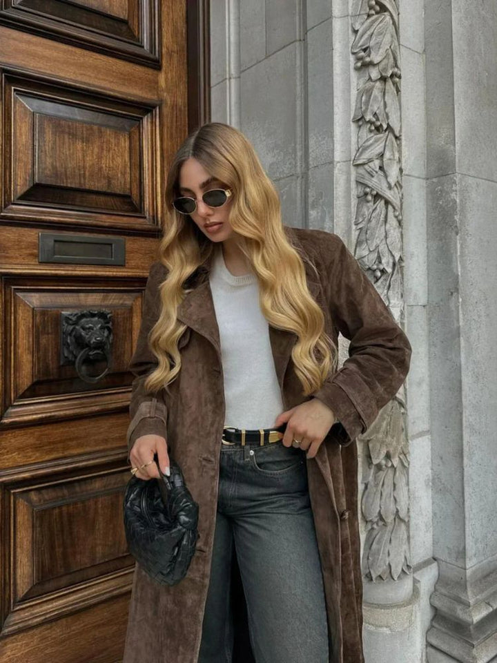 Amaris - Long Suede Look Women's Coat with a Tailored Fit and Timeless Elegance