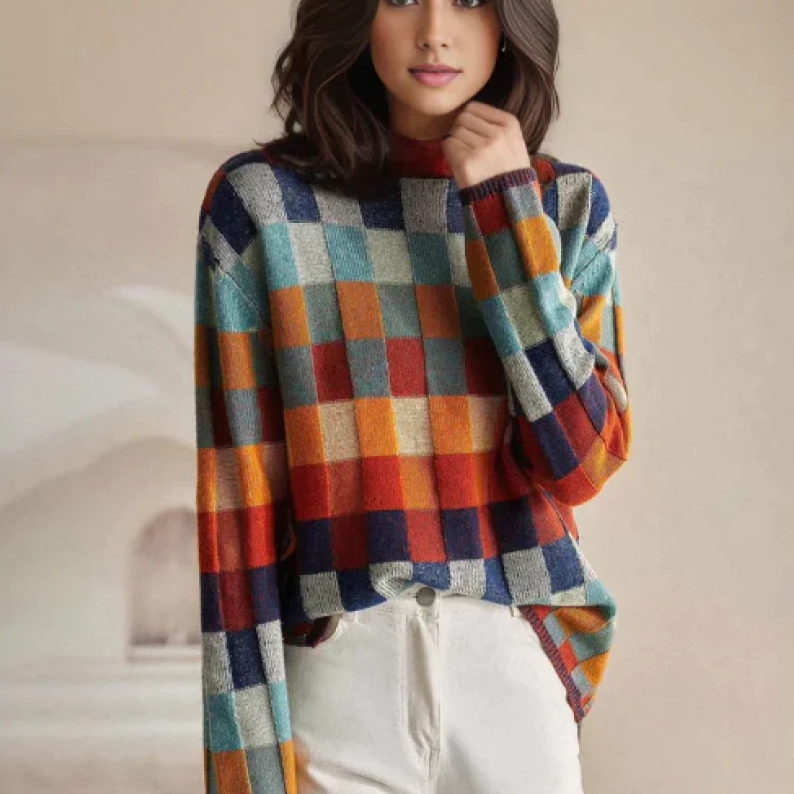Ambrose – Chic Wool Knit Plaid Turtleneck Sweater