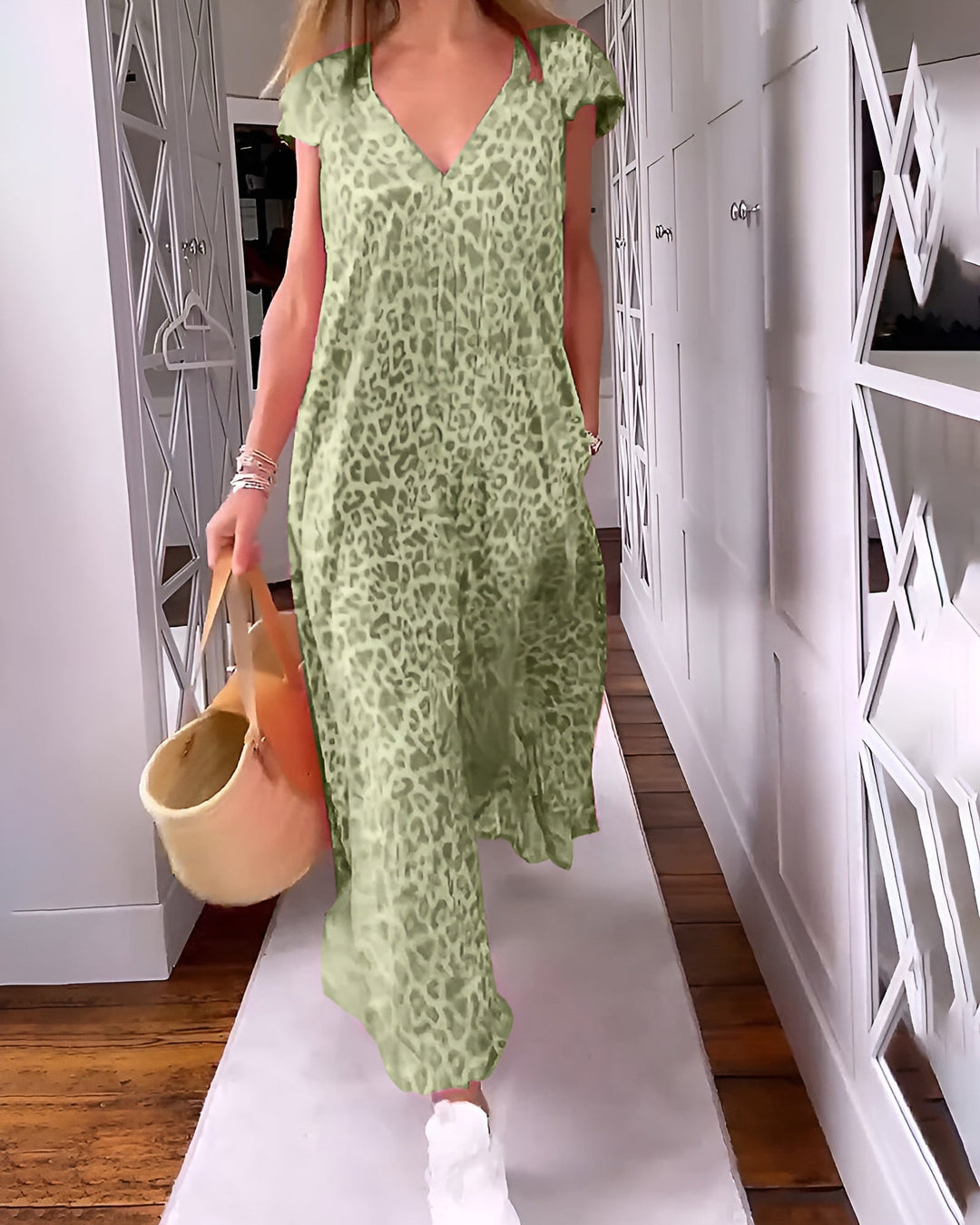 Zairah - Long V neck Dress in Short Sleeve Leopard Print