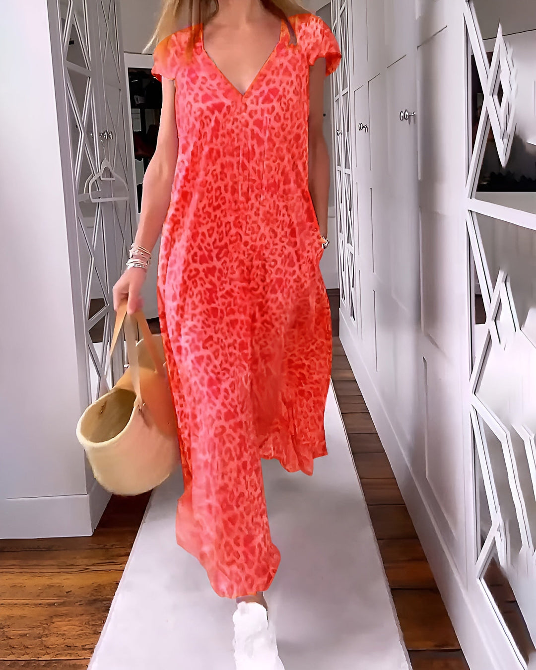 Zairah - Long V neck Dress in Short Sleeve Leopard Print