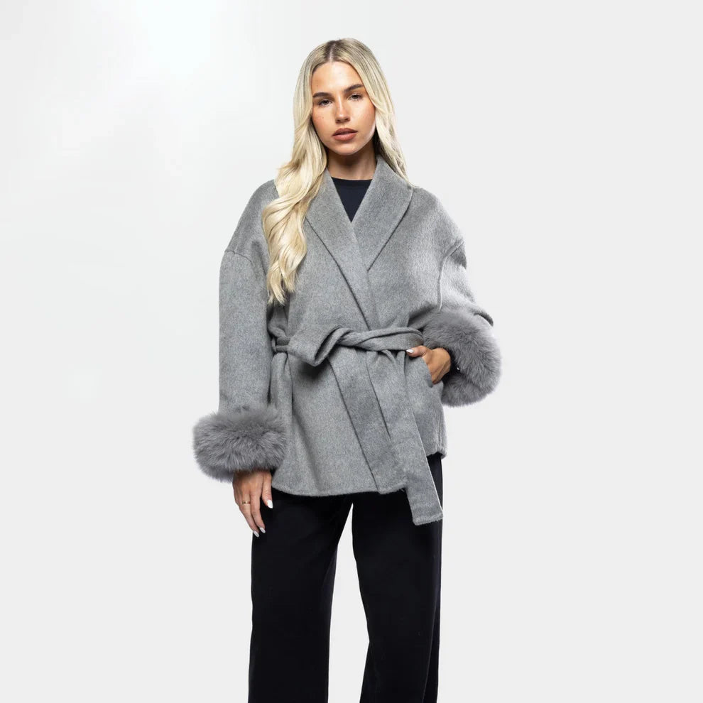 Evaluna -  Trendy Winter Coat with Faux Fur and Tie Belt