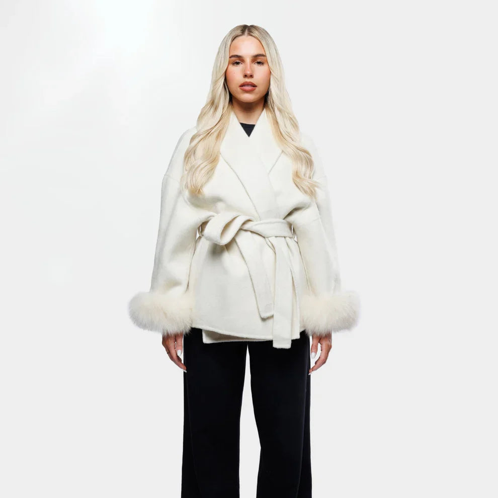 Evaluna -  Trendy Winter Coat with Faux Fur and Tie Belt