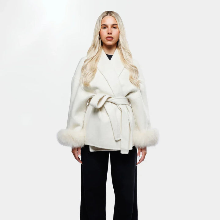 Evaluna -  Trendy Winter Coat with Faux Fur and Tie Belt