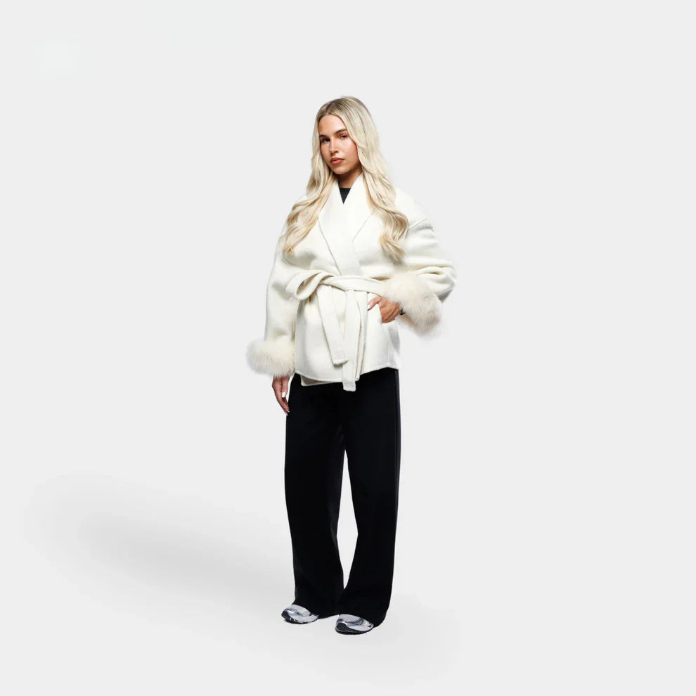 Evaluna -  Trendy Winter Coat with Faux Fur and Tie Belt