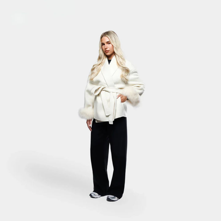 Evaluna -  Trendy Winter Coat with Faux Fur and Tie Belt