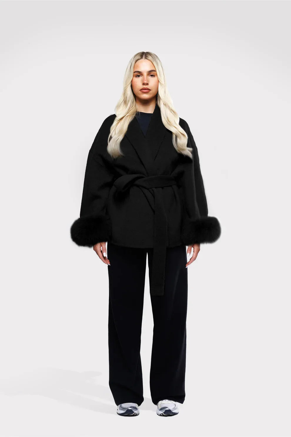Evaluna -  Trendy Winter Coat with Faux Fur and Tie Belt