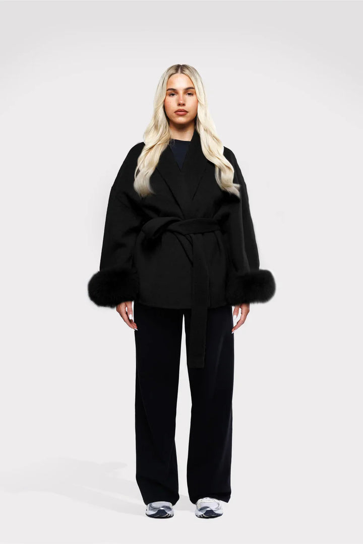 Evaluna -  Trendy Winter Coat with Faux Fur and Tie Belt