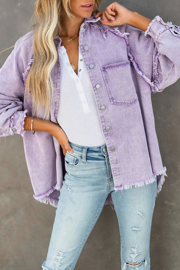 Thea - Women's Denim Jacket Oversized with Fringes Trendy Casual Look for Every Season