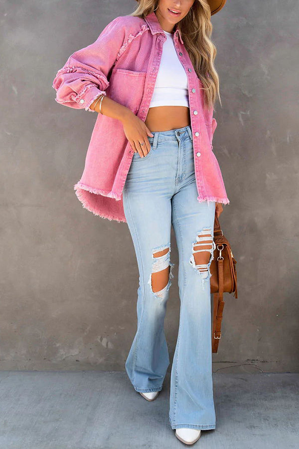 Thea - Women's Denim Jacket Oversized with Fringes Trendy Casual Look for Every Season