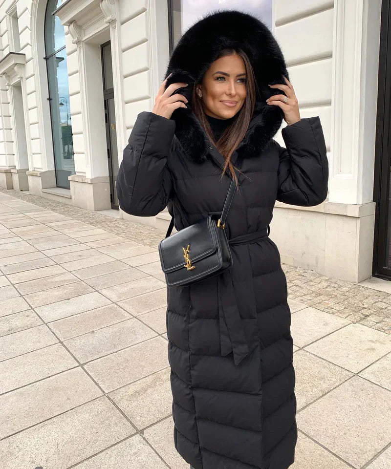 Enidra -  Women's long winter coat with hood and timeless elegance