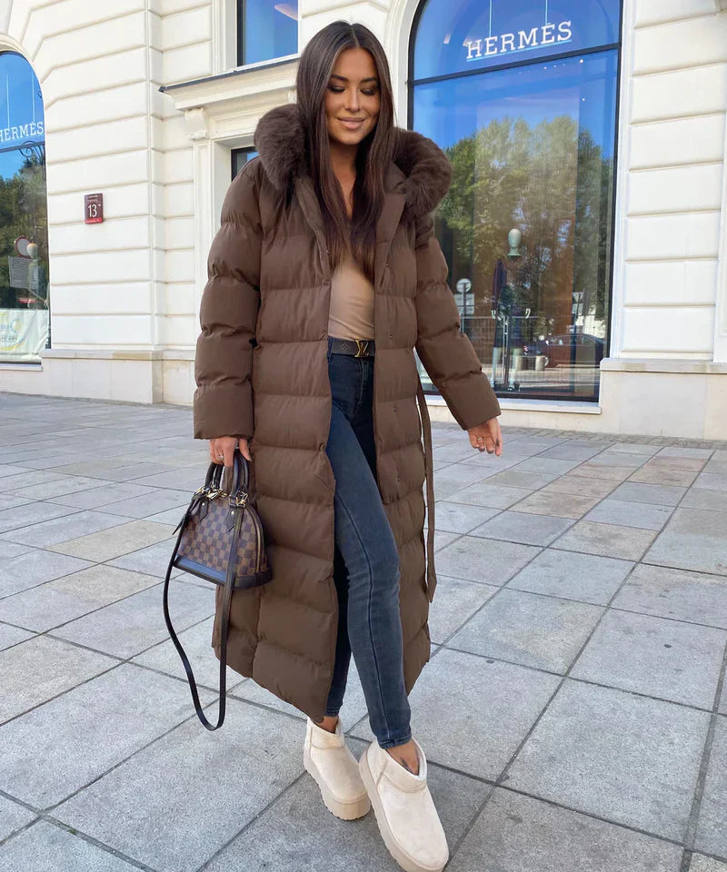 Enidra -  Women's long winter coat with hood and timeless elegance