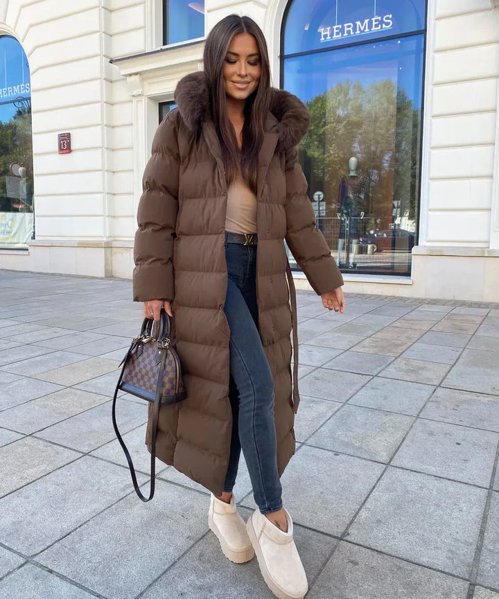 Enidra -  Women's long winter coat with hood and timeless elegance