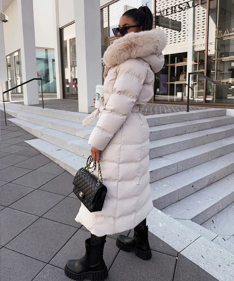 Enidra -  Women's long winter coat with hood and timeless elegance