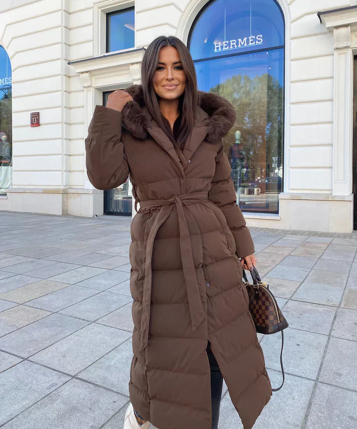 Enidra -  Women's long winter coat with hood and timeless elegance