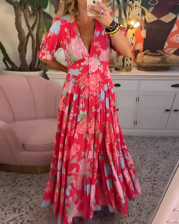 Thalynne -  Floral Print V-Neck Pocket Dress