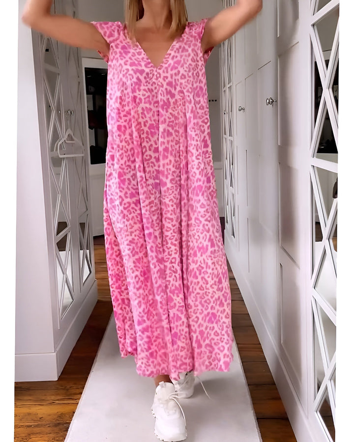 Zairah - Long V neck Dress in Short Sleeve Leopard Print