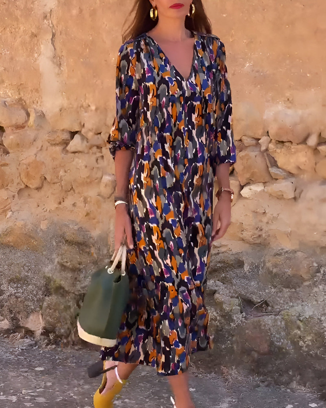 Elyssah - Retro Print V-Neck Dress