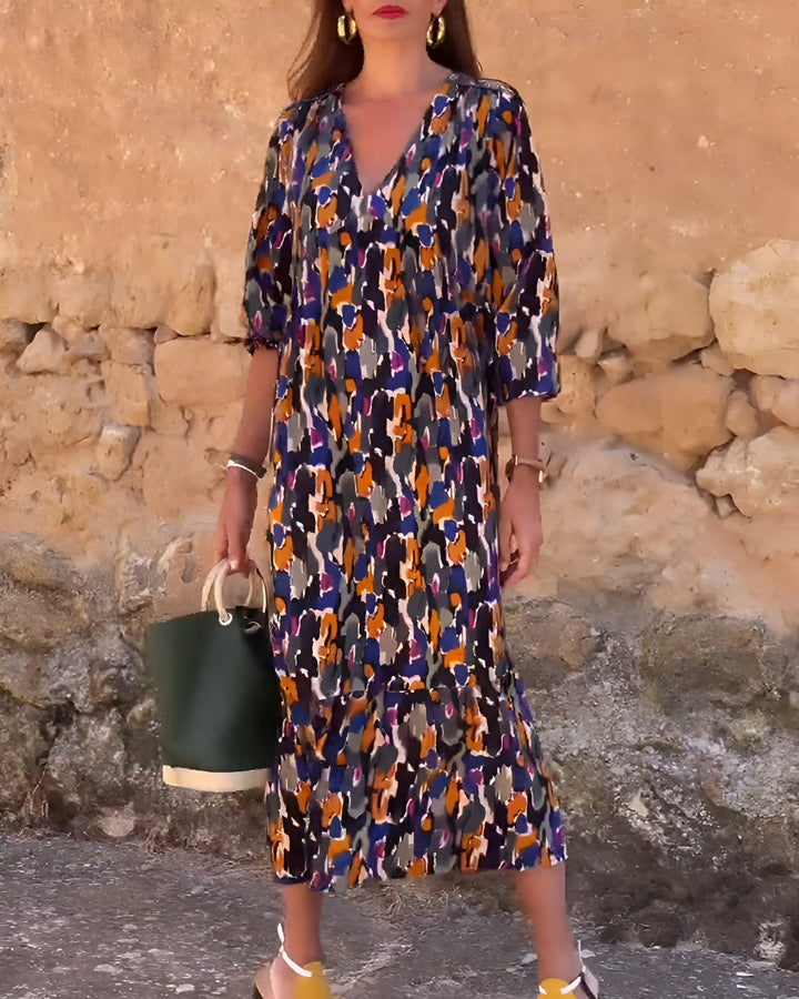 Elyssah - Retro Print V-Neck Dress