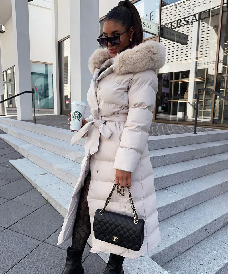 Enidra -  Women's long winter coat with hood and timeless elegance